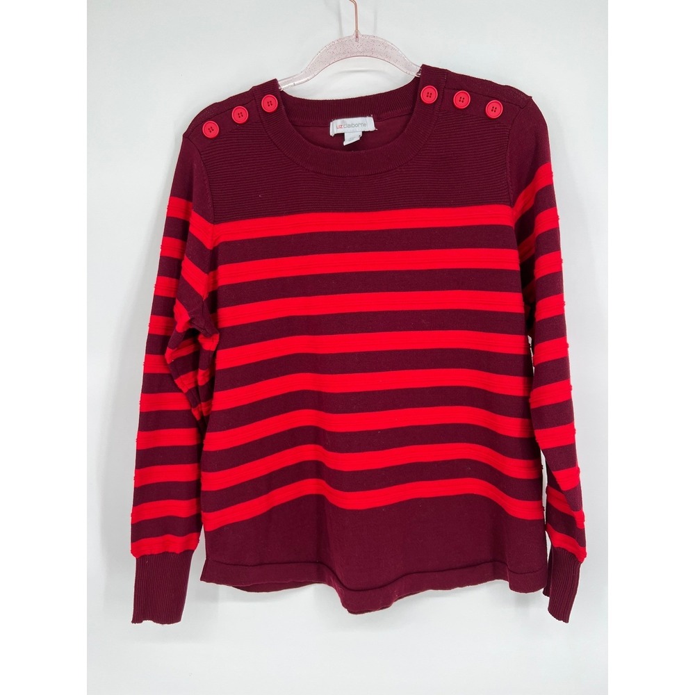 Liz Claiborne Sweater Red Burgundy Striped Crew Neck Long Sleeve Button Sz PXL